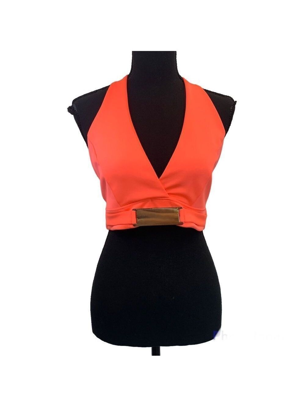 Bebe neon coral peach pink halter crop top open back Sz M NWOT